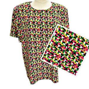 Joan Leslie Blouse Top Size 18 Bright Colors Geometric Short Sleeve Vintage 80s